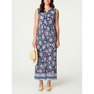 Talbots Blue Pink Paisley Floral Sleeveless Maxi Dress Empire Waist Splitneck 10